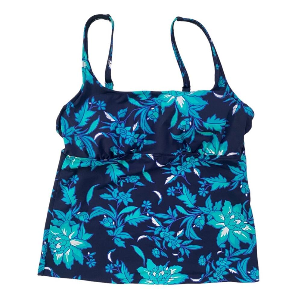 Lands End Womens 10 Petite Tankini Swim Top Square Neck Underwire Navy Floral